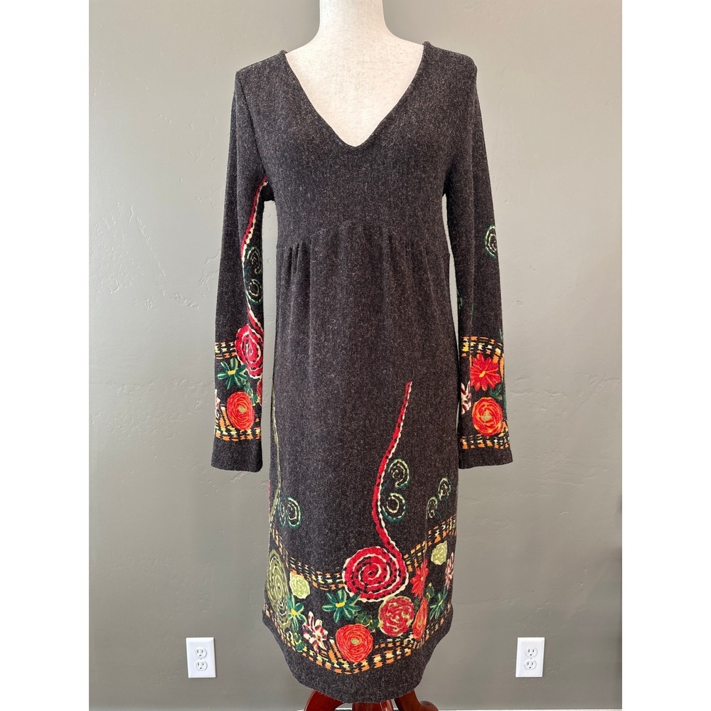 Vtg Bette Paige Swirl Floral Bohemian Sweater Dress Chocolate Boho Colorful Sz M